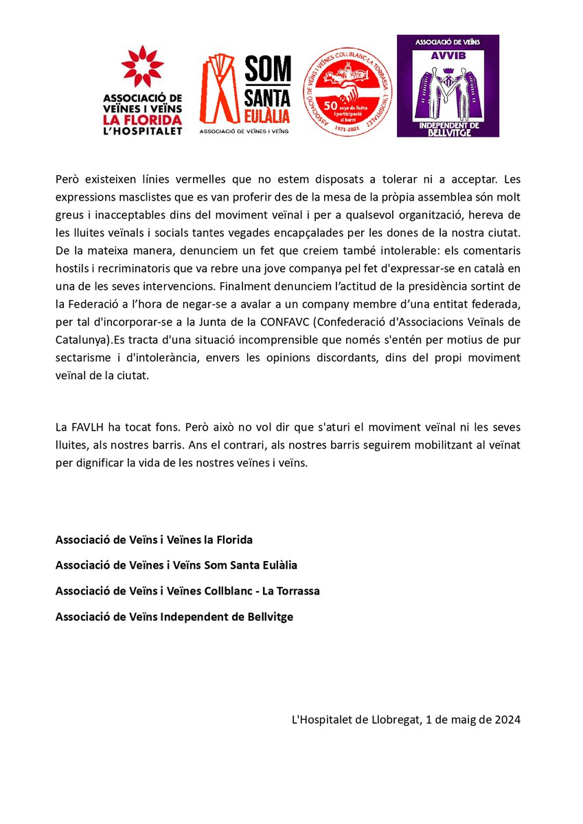 TOCANT FONS Nou comunicat conjunt amb @aavvct, @avvibellvitge i @AViVLaFlorida sobre l'#AGOFAVLH24 i la situació actual a la #FAVLHospitalet Al 2022 vam presentar candidatura conjunta per #MillorarFAVLH. 2 anys després, hem tocat fons. Som #MovimentVeïnal de #LHospitalet