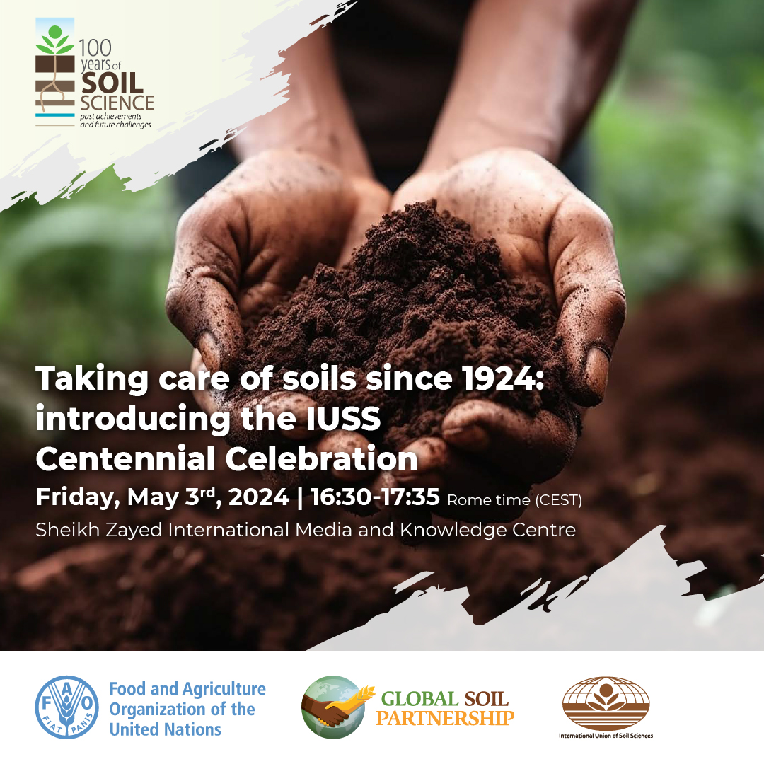 🌍 Celebrate a century of soil science! 

Join us on 3 May 3 2024 at 16:30 CEST for the @IUSS_ORG Centennial prelude. 

👉🏿 Zoom ID: fao.zoom.us/j/99207770532   pwd: 33478814

Let's honor #SoilHealth and preview the upcoming festivities in Florence 🎉 #GlobalSoilPartnership #IUSS100