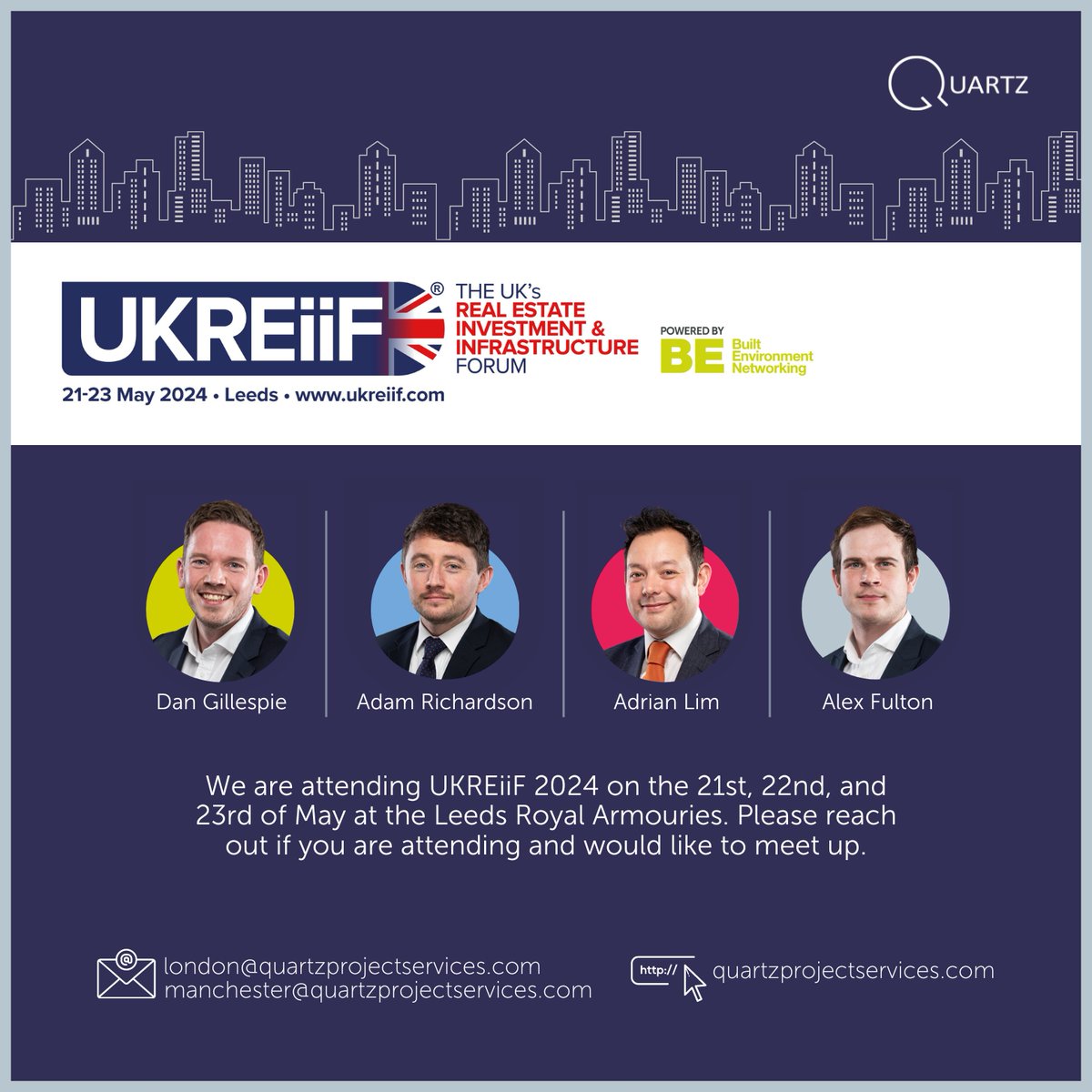 We are attending <a href="/UKREiiF/">UKREiiF</a> 2024 on the 21st, 22nd, and 23rd of May at the Leeds Royal Armouries. Please reach out if you are attending and would like to meet up.

#ukreiif #quartzprojectservices #projectmanagers #costconsultants #buildingsurveyors
