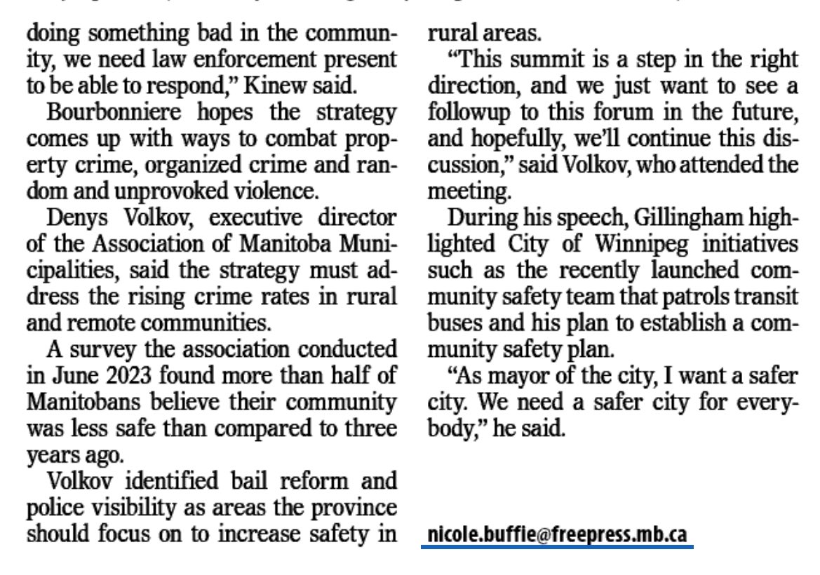 My comments on the provincial public safety summit in @WinnipegNews: “This summit is a step in the right direction, and we just want to see a followup to this forum in the future, and hopefully, we’ll continue this discussion,” said Volkov. #mbpoli @mattwiebeMB