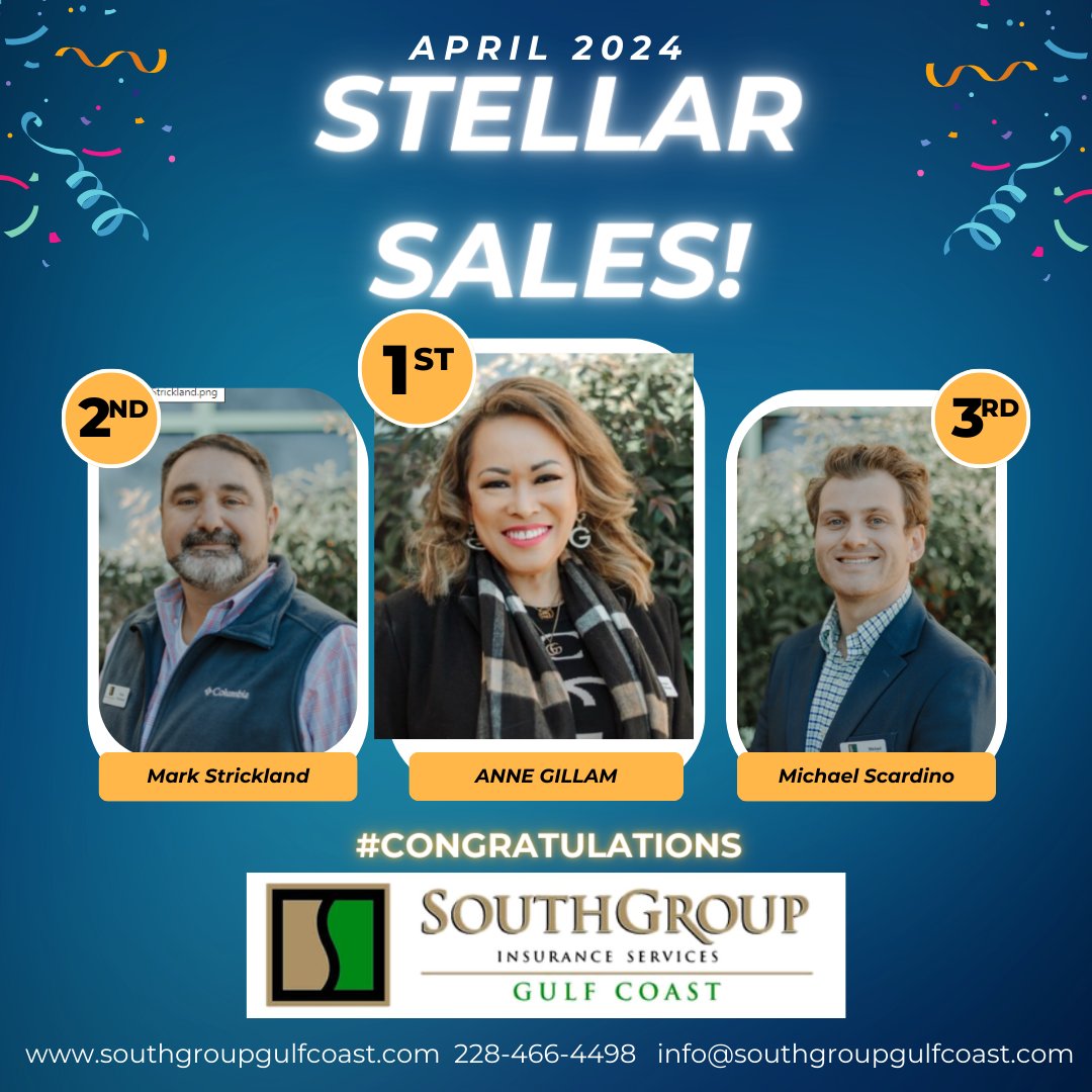 OUTSTANDING!  Help us congratulate our Amazing Agents for April 2024!!
# southgroup southgroupgulfcoast.com 228-385-1177