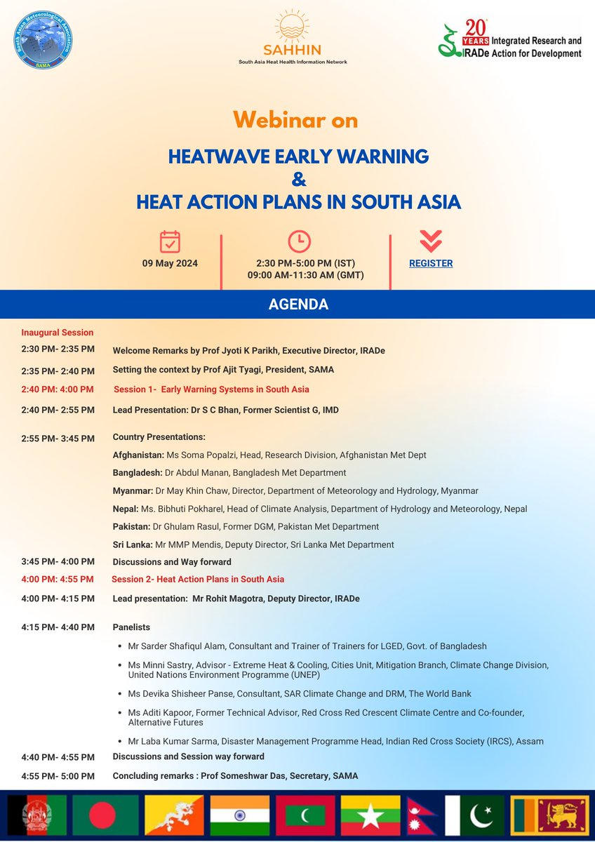 📢 #WebinarAlert Join us for the upcoming webinar on ‘Heatwave Early Warning and Heat Action Plans in South Asia.’ 🌡 📅 Date: 09 May 2024 ⏲ Time: 14:30 HRS to 17:00 HRS (IST) 🔗 Registration Link:  zoom.us/webinar/regist… #HeatwavePreparedness #ClimateAction #PublicHealth