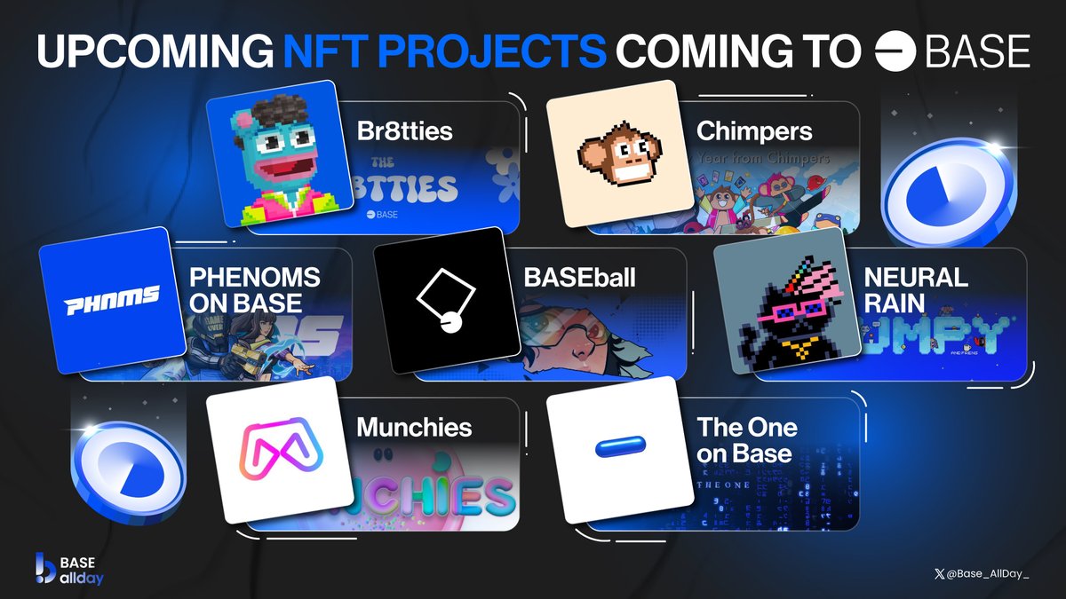 🖼️ UPCOMING NFT PROJECTS COMING TO BASE

🟦 @Br8ttiesOnBase
🟦 @ChimpersNFT
🟦 @Phenomsnft
🟦 @playbaseballgg
🟦 @neuralrain
🟦 @Munchies_Art
🟦 @theONEonBase

#Base #Base_allday_