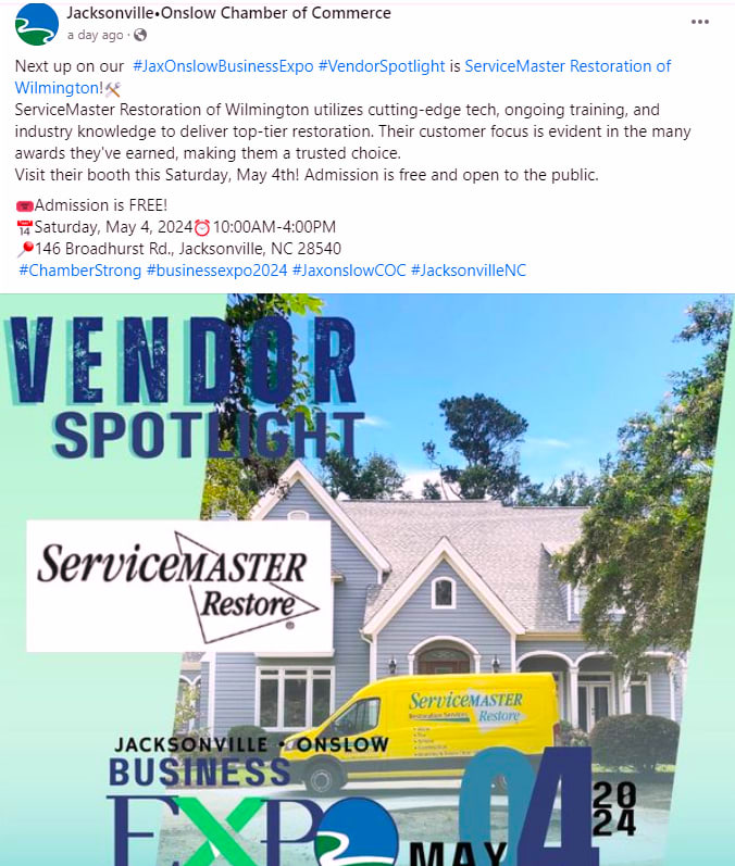 Thank you for the🔦✨ 🔦 SPOTLIGHT!!🔦✨ 🔦

We're ready for our close up!🤩 😎 😆  See you guys at the Jacksonville-Onslow Business Expo this Saturday 5-4-24 (10am-4pm) #chamberstrong #businessexpo2024 #jacksonvillenc #servicemasterrestorationofwilmington