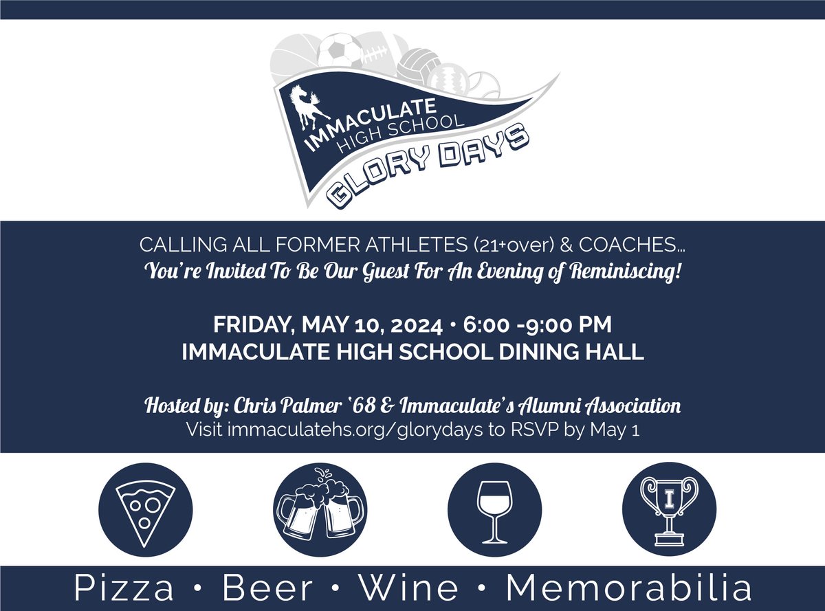 Calling all (21+) former athletes and coaches! Friday is the last day to RSVP for Immaculate's Glory Days event. Join your friends and teammates for pizza and beverages and a walk down memory lane at this free event.  RSVP at bit.ly/4cYs4xB
#IHSAlumni #IHSAthletics