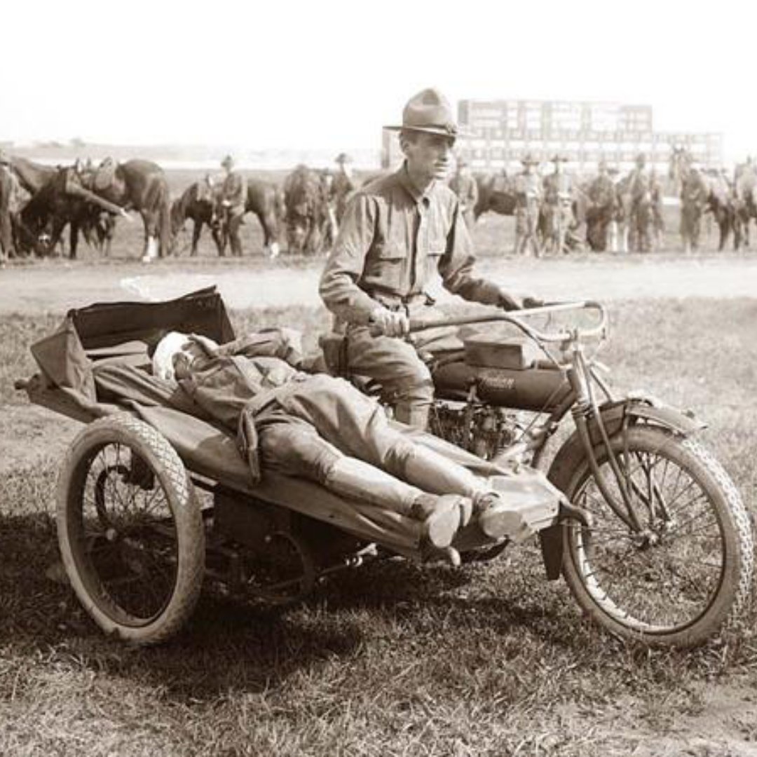 Throwback Thursday: Motorcycle ambulances were used in WW1 by the French, British, and American military. Their sidecars made it easier to extract wounded soldiers from the front lines. These ambulances could navigate tight spaces better than their four-wheeled counterparts.