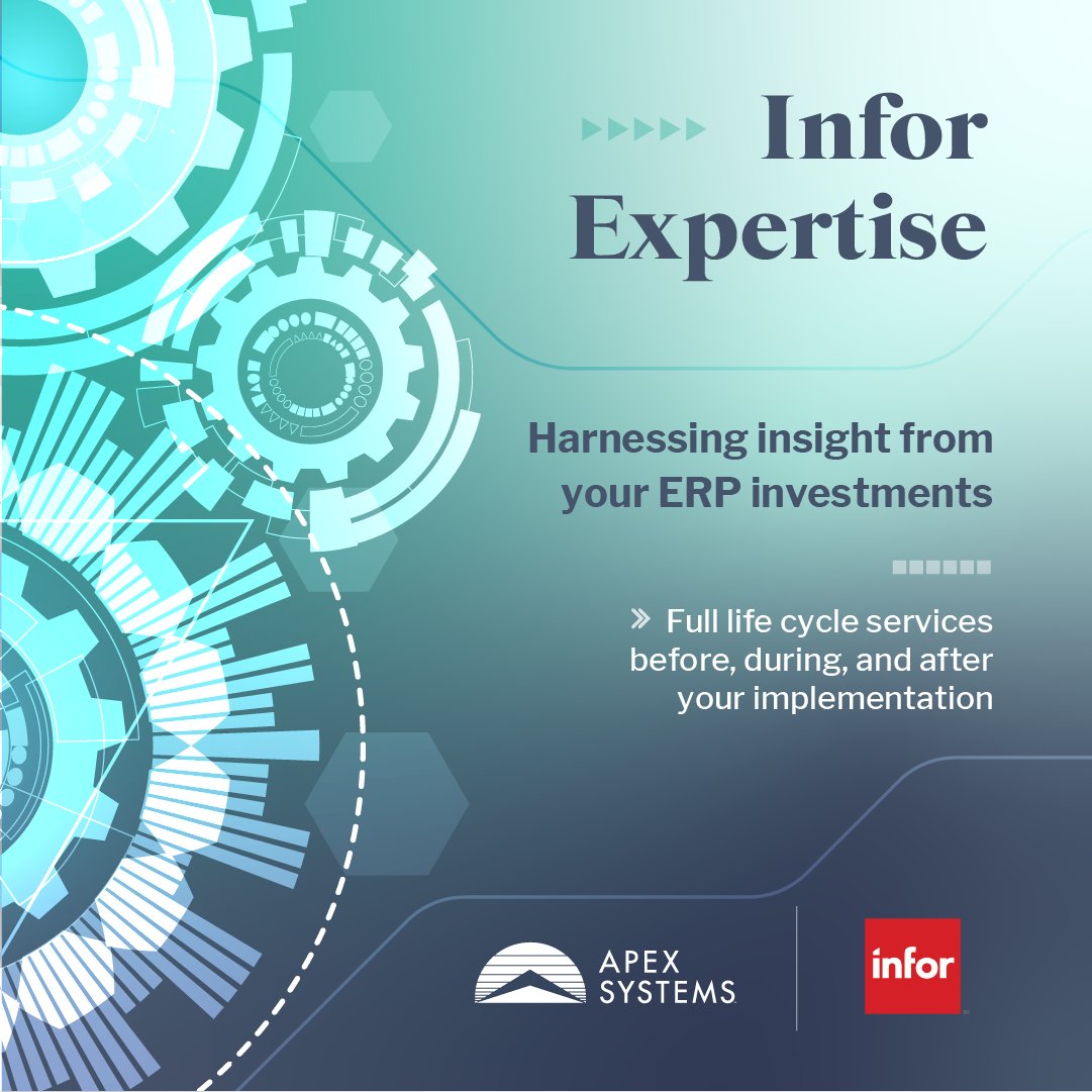 ApexSystems's tweet image. As a 5x Infor Partner of the year, Apex helps customers successfully go-live with Infor with full life cycle assessment, implementation, and upgrade support. Read about our certified ERP expertise: apexsystems.com/solution/infor… #ERPExperts #InforPartner #DigitalTransformation