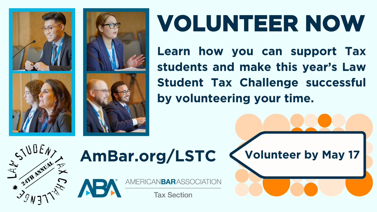 Help the Law Student Tax Challenge is a success and volunteer today! This is a great opportunity for those looking to get involved for the first time. Join our info call on May 14 and don't forget to apply by May 17: americanbar.org/groups/taxatio… #Tax #TaxLaw #TaxChallenge #TaxLawyer