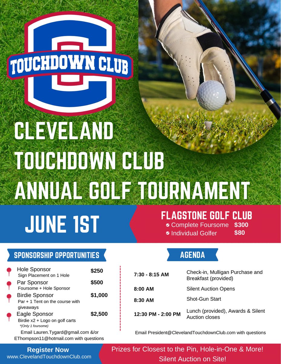 The annual Cleveland Touchdown Club Golf Tournament registration is open! July 1st at Flagstone Golf Club ⛳️ Sponsorship Opportunities Prizes for Contests Silent Auction Can you out-drive @ChandlerTygard? Register Today! clevelandtouchdownclub.com