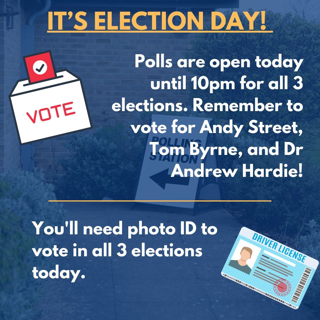 It's election day for the WMCA, PCC, and Bournbrook & Selly Park ward elections! Polls are open until 10pm, & you'll need photo ID to vote. Every vote will count as each election is too close to call at the moment. Get out and vote for Andy Street, Tom Byrne, & Dr Andrew Hardie.