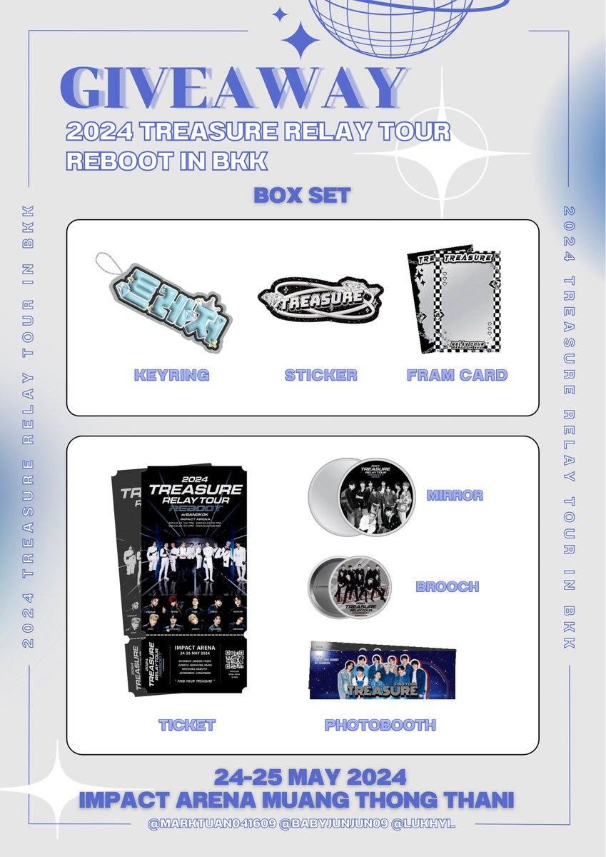 lukhyi_'s tweet image. ౨ৎ⋆ ˚ Giveaways for reboot in bkk ˚ ⋆౨ৎ

📦 Box Set 100 Set ₊˚⊹⋆
+.*.｡ 25 May - 50 Box
+.*.｡ 26 May - 50 Box

✩‧₊˚ : Impact Arena 
✩‧₊˚ : Time - tba

** please, kindly retweet and show up **

#TREASURE_REBOOT_IN_BANGKOK #TREASURE_reboot_in_bangkok #TREASURE