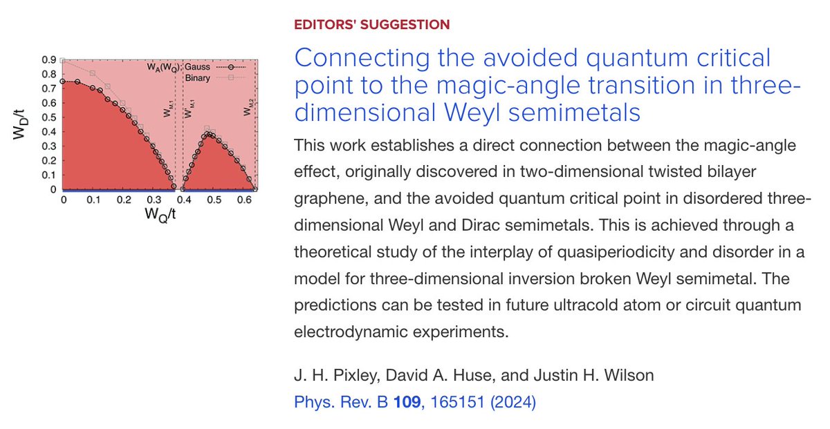 PRB Editors' Suggestion: Connecting the avoided #QuantumCriticalPoint to the magic-angle transition in three-dimensional #WeylSemimetals

J. H. Pixley, D. A. Huse, and J. H. Wilson
Phys. Rev. B 109, 165151

➡️ go.aps.org/3JDxxfD
#EdSugg #physics #condmat @APSPhysics