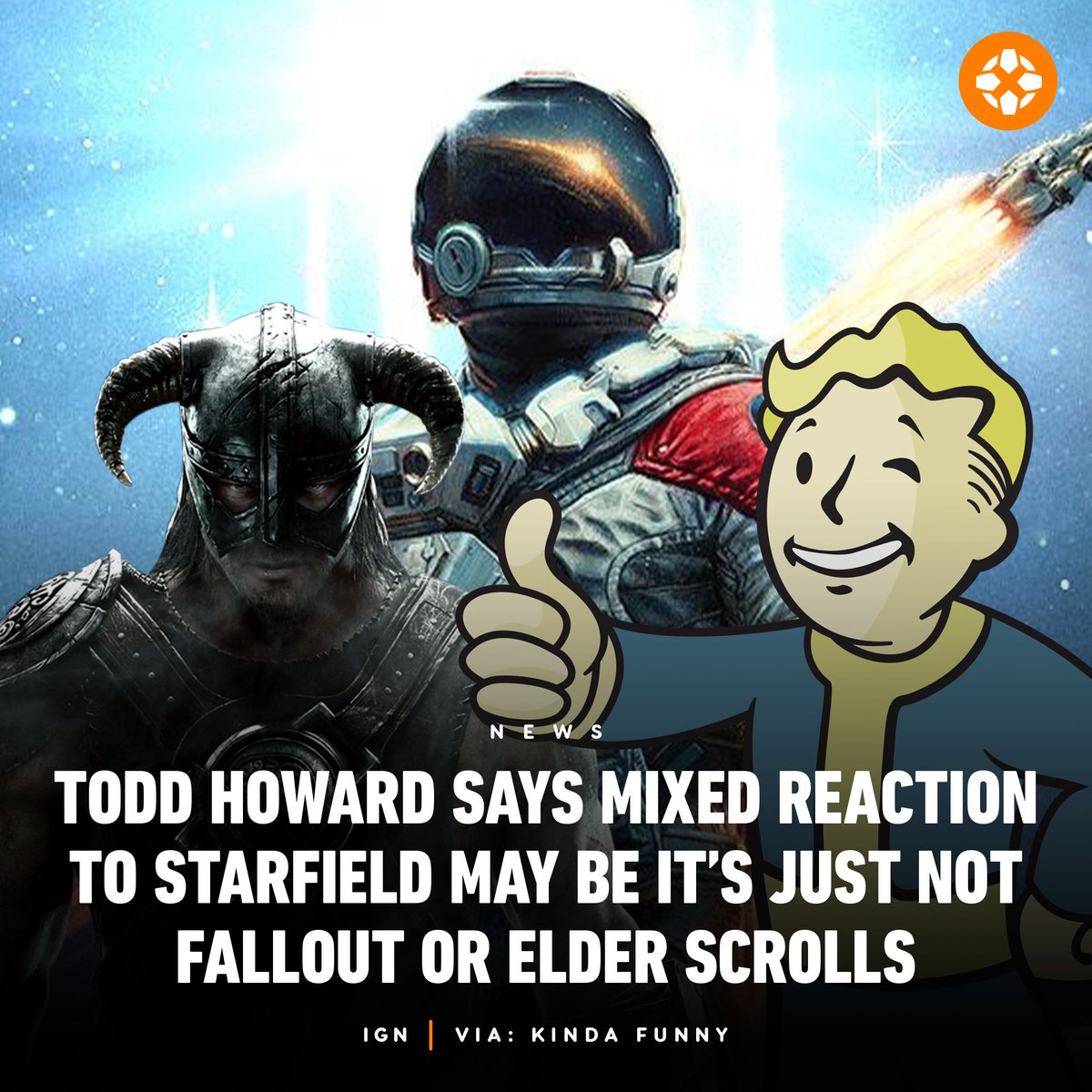 IGN's tweet image. In a recent interview Bethesda&apos;s Todd Howard talked about the mixed reception of Starfield, saying that while many had a good experience with the game, some players might &quot;prefer the way it&apos;s done in Fallout or Elder Scrolls.&quot; bit.ly/4aaEWhy