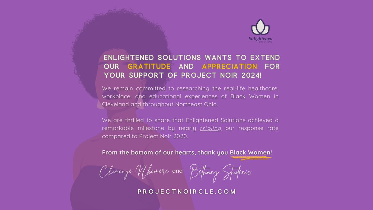 WorkEnlightened's tweet photo. A heartfelt thank you to all the incredible Black Women participants of #ProjectNoirCLE!
Keep up with Enlightened Solutions on ALL social media platforms for our summer/fall events, Project Noir 2024 Paper and upcoming Black Women's Agenda.
#WorkEnlightened #BlackWomen https://t.co/ZVxMjyWwe4