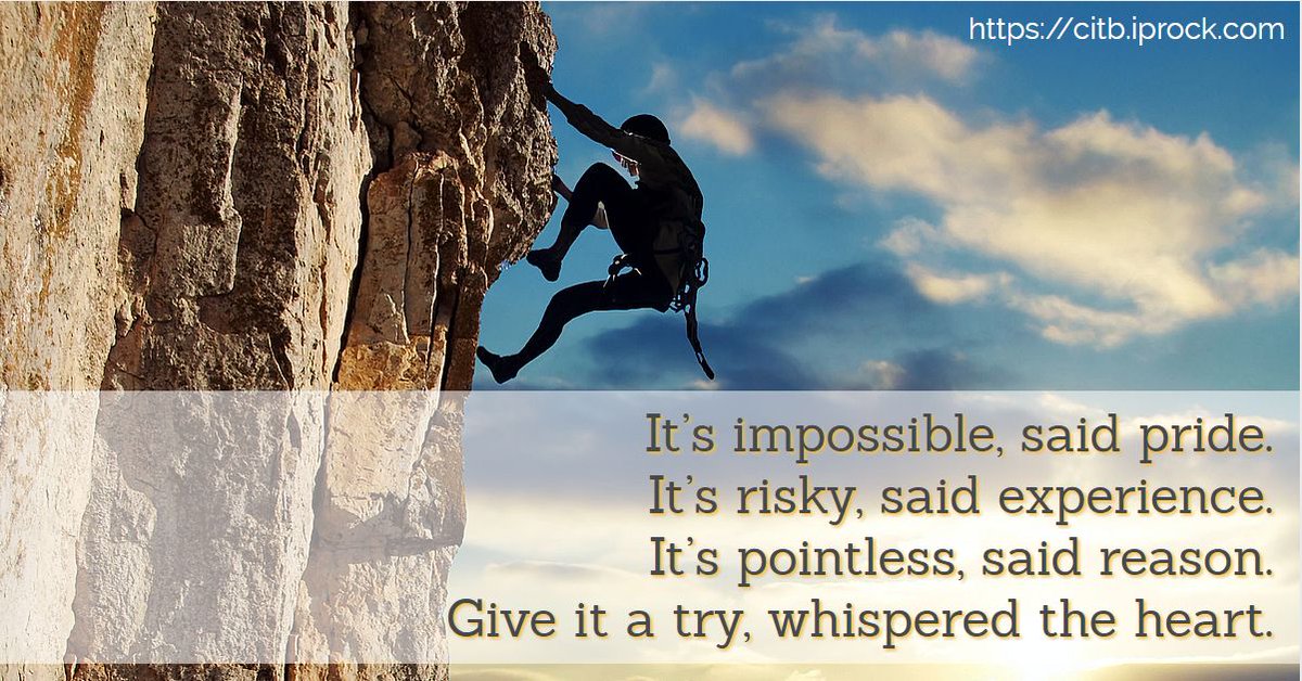 It’s impossible, said pride. It’s risky, said experience. It’s pointless, said reason. Give it a try, whispered the heart.  - Visit #CITB at bit.ly/4b18rnm VIA: @ThomByxbe @FibroBloggers  #CITB #Fibromyalgia #spoonie #health #fatigue #chronicpain