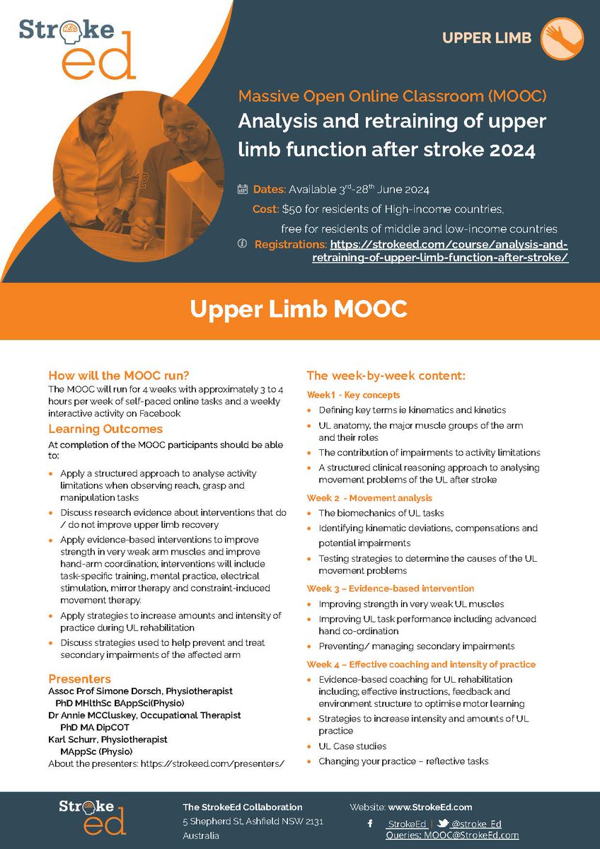 Registrations are now OPEN for the first @strokeed MOOC on UL rehab. Register via strokeed.com Starts 3 June for 4 weeks. Self-paced & fully online. Free to therapists in low-middle income countries; $50 for everyone else. New videos to show. Tell your colleagues.