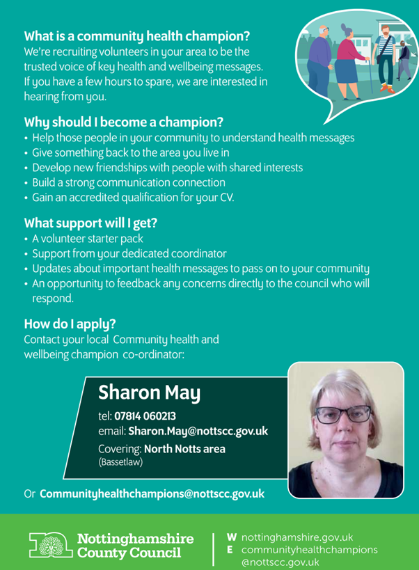 Are you interested in improving health & wellbeing in your community? Become a Community Health Champion by volunteering and earn an accredited qualification! ✔️ To find out more/sign up, email Sharon May at sharon.may@nottscc.gov.uk by Friday 17th May 📧