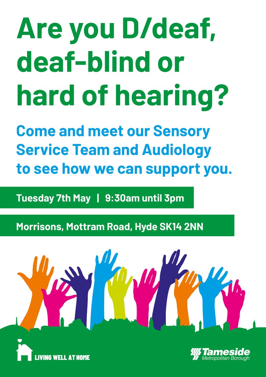 🦻🏼 If you’re D/deaf, deaf-blind or hard of hearing, come along to talk to Tameside’s Sensory Service and Audiology information and advice! More info on support for hearing and vision below 👇 tameside.gov.uk/adults/hearing…