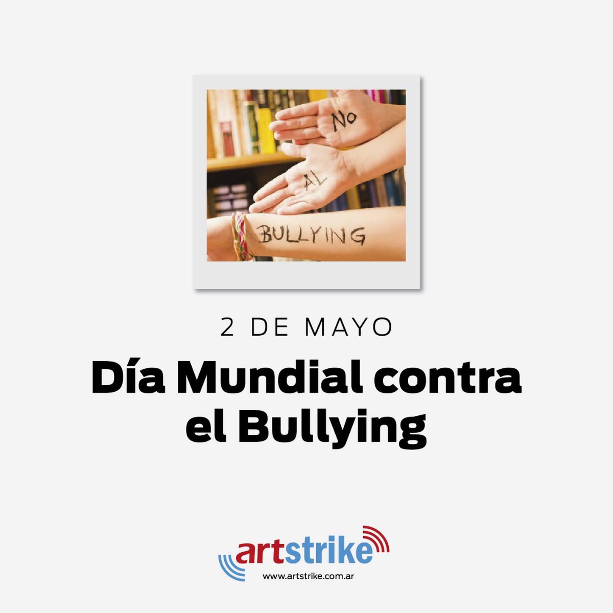 Día Mundial Contra el Bullying ✋
2 de Mayo

Te esperamos en artstrike.com.ar

#ArtStrike #Diseño #Comunicación #Marketing #Publicidad #DiseñoWeb #Efemérides #NoBullying #NoAlBullying