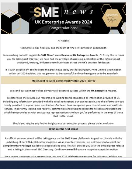 We are so excited to announce that we have been awarded Most Client-Focused Commercial Printers - Surrey in the SME News' Business Elite Awards 2024! 🎉 

#supportlocal #awards #2024awards #businessawards