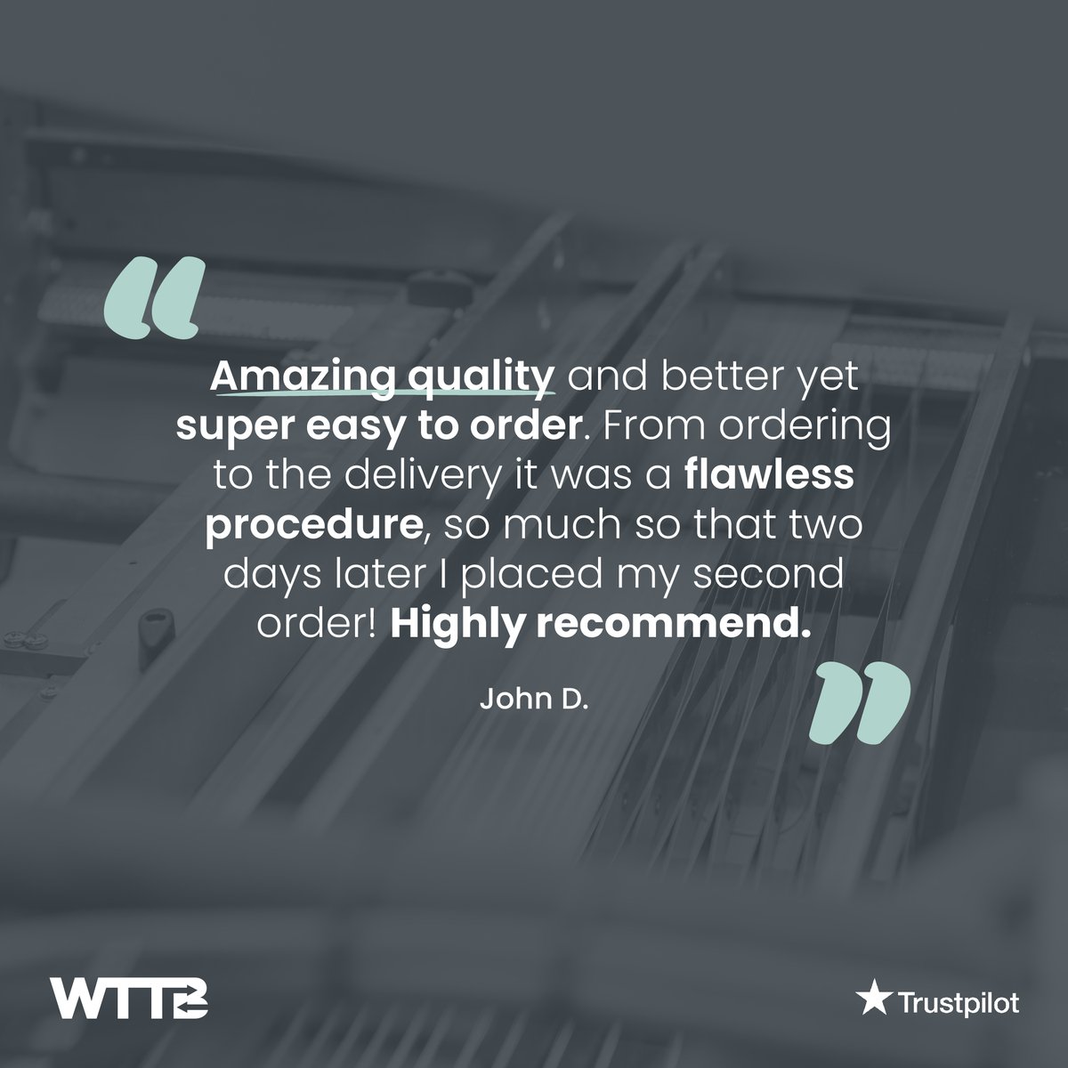 Thanks for the review, John! We're thrilled to hear about your experience. With our commitment to quality and seamless ordering, we strive to make every step effortless. Your satisfaction is our top priority, and we're delighted to have earned your trust. #trustpilot #feedback