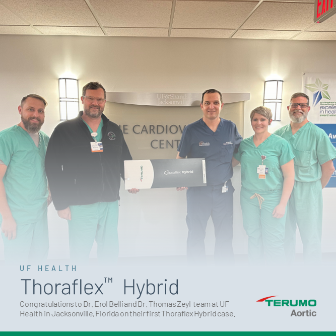 Today, we're thrilled to announce the first Thoraflex Hybrid procedure performed by Dr. Erol Belli and Dr. Thomas Zeyl and team at UF Health in Jacksonville, Florida. Thoraflex Hybrid, Conforming Arch Surgery to the Gold Standard! #TerumoAortic #ThoraflexHybrid #UFHealth