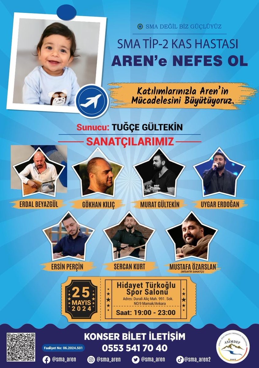 ✈️✈️ 25 Mayıs’da Ankara’da gerçekleştireceğimiz büyük dayanışma konserine herkesi bekleriz.Türküler söyleyerek Aren’e destek olacağımız konserimizde alacağınız biletle Aren’i sağlığına kavuşturabilirsiniz.1 Bilet 250₺ ✈️ Bize ulaşıp biletinizi almayı unutmayın 🫶🏻