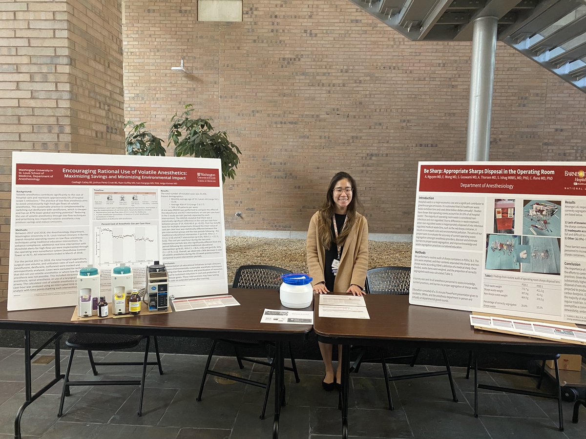 Dr. Angela Nyguen, a #WashUanesthesiology resident, presented at @WUSTLmed's Earth Day Festival on April 25, 2024. Her two posters - rational use of volatile anesthetics and proper sharps disposal - emphasized the importance of environmental stewardship in healthcare.