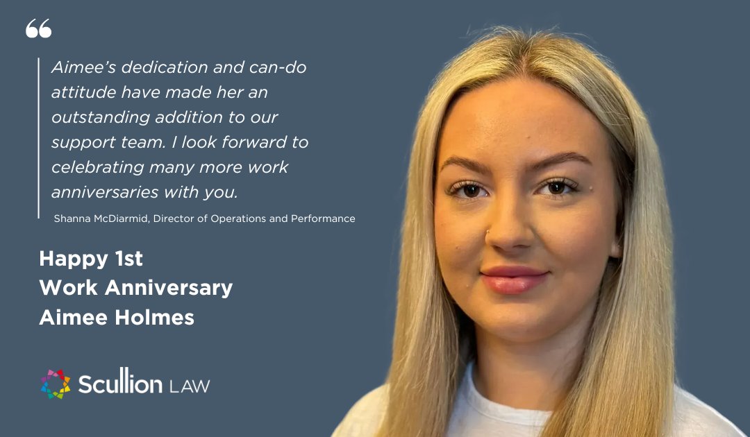 Congratulations to Aimee Homes, Administrator in our Support team on her 1st work anniversary! Cheers to a bright future ahead ☺️👏.

#ScullionLAW #EmployeeAppreciation #MilestoneCelebration