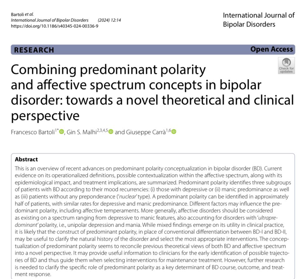 How can we combine predominant polarity and affective spectrum concepts in bipolar disorder? @fbartoli_unimib, Gin S. Malhi and @giuscarra discuss novel theoretical and clinical perspectives in the International Journal of Bipolar Disorders