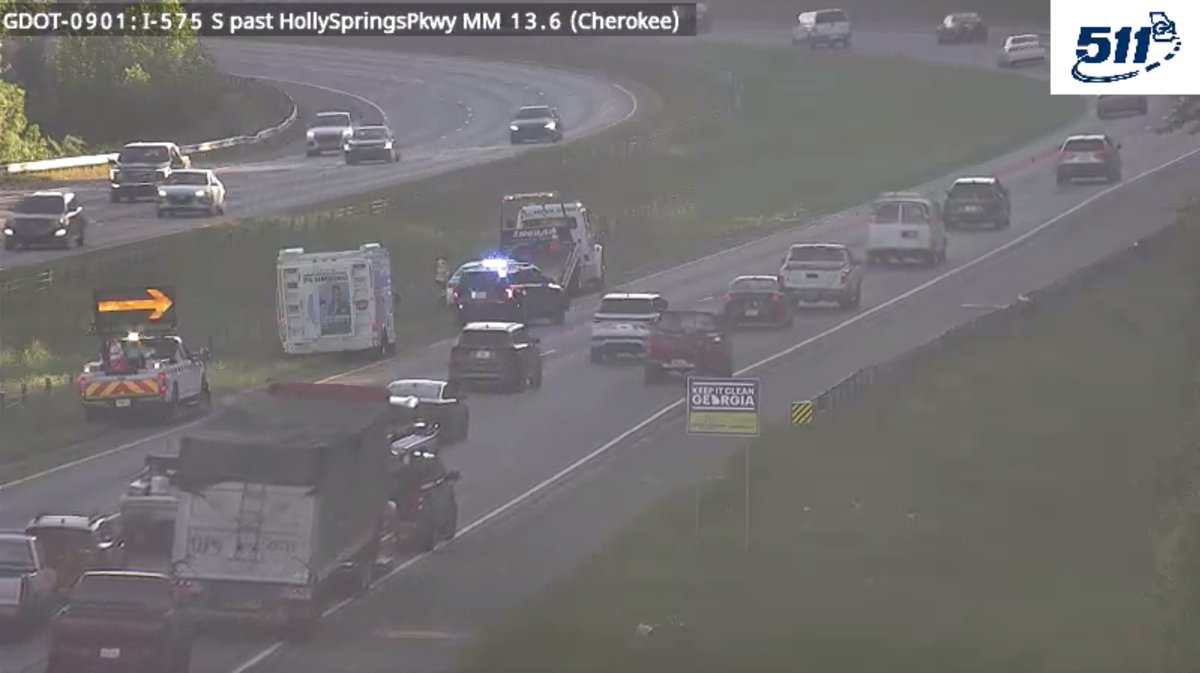 CHEROKEE CO. - Far left lane is blocked on I-575 N at Sixes Rd. (mm 13.5) due to a stall. Use caution | Est. clear time: 10:00 am #CherokeeCounty #HollySprings Check 511ga.org for updates: 511ga.org/EventDetails/I…