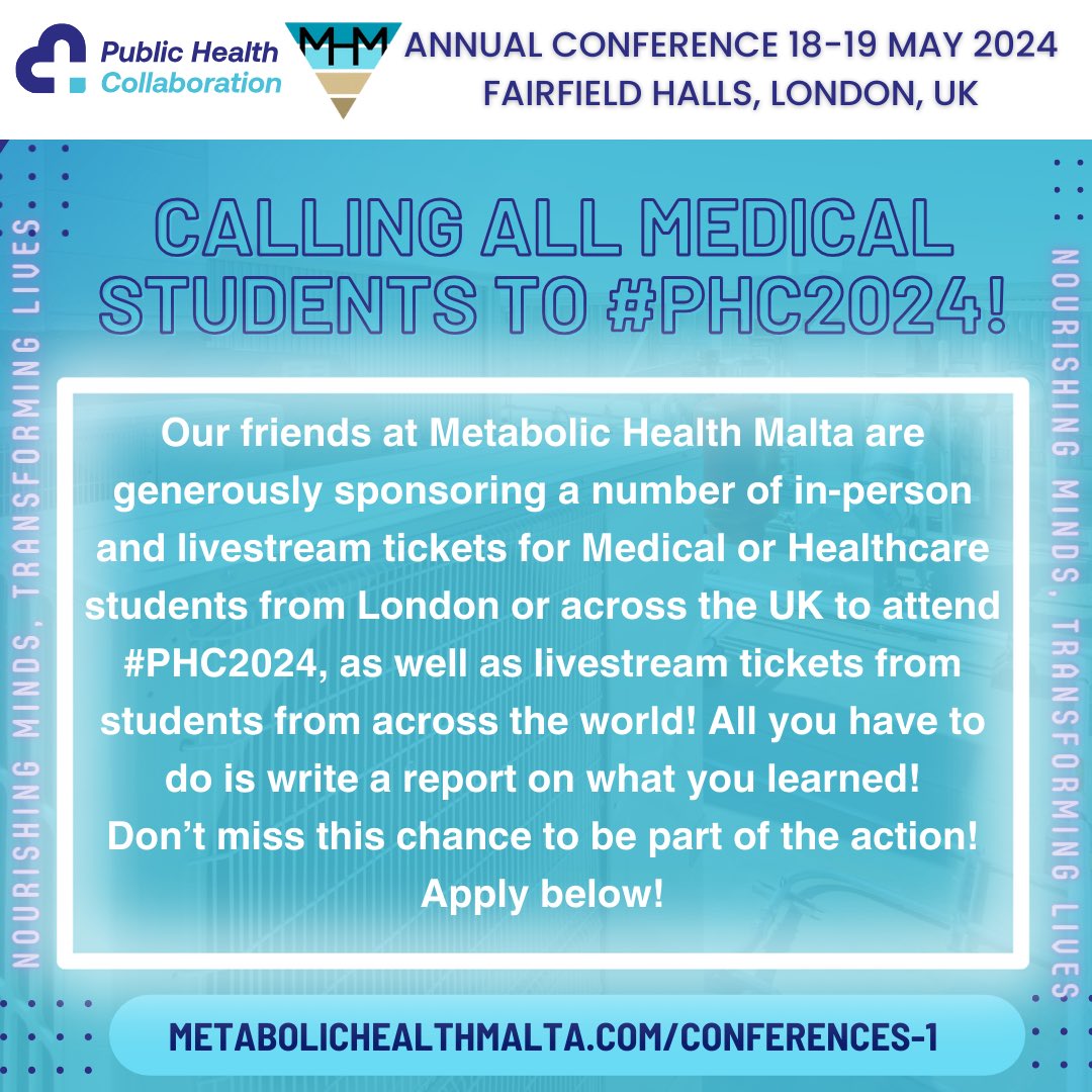 CONFERENCE NEWS! We’ve lifted the deadline for our scheme for students from around the world to gain sponsored places at #PHC2024, courtesy of Metabolic Health Malta. Remaining places will now be filled on a first come, first serve basis. Please share! metabolichealthmalta.com/conferences-1