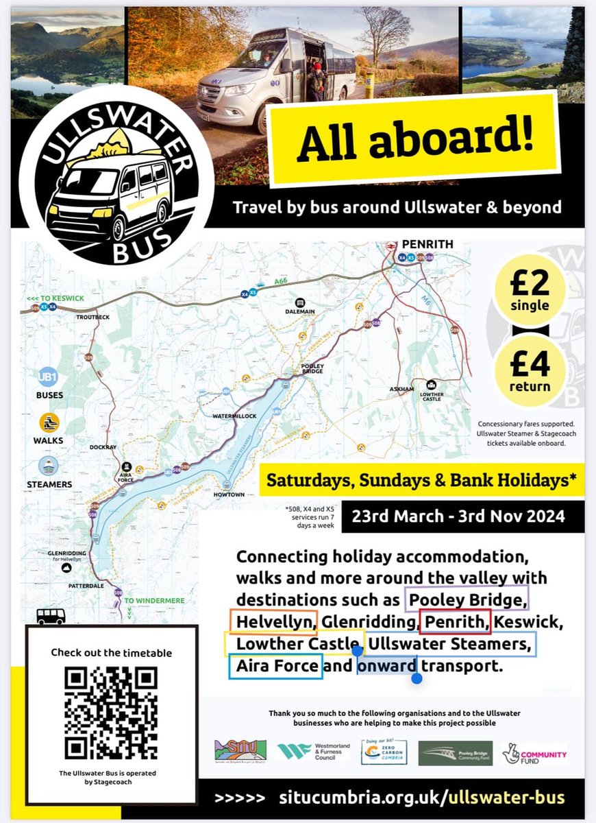 Travel by bus around Ullswater and beyond on Saturdays, Sundays and Bank Holidays! Visit Pooley Bridge, Lowther Castle, Penrith, Aira Force, Keswick, Howtown, Helvellyn and lots more. £2 single / £4 return. orlo.uk/BR1te