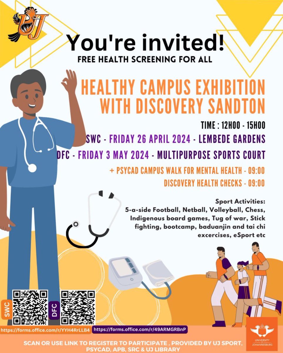 ‼️DOORNFONTEIN CAMPUS ‼️

Tomorrow, Friday 3 May 2024, the second installation of the @go2uj Healthy Campus Exhibitions takes place at the Multipurpose Sports Court.
Come enjoy a fun-filled day and do free health checks with us between 12pm and 3pm.

#UJAllTheWay #HealthyCampus