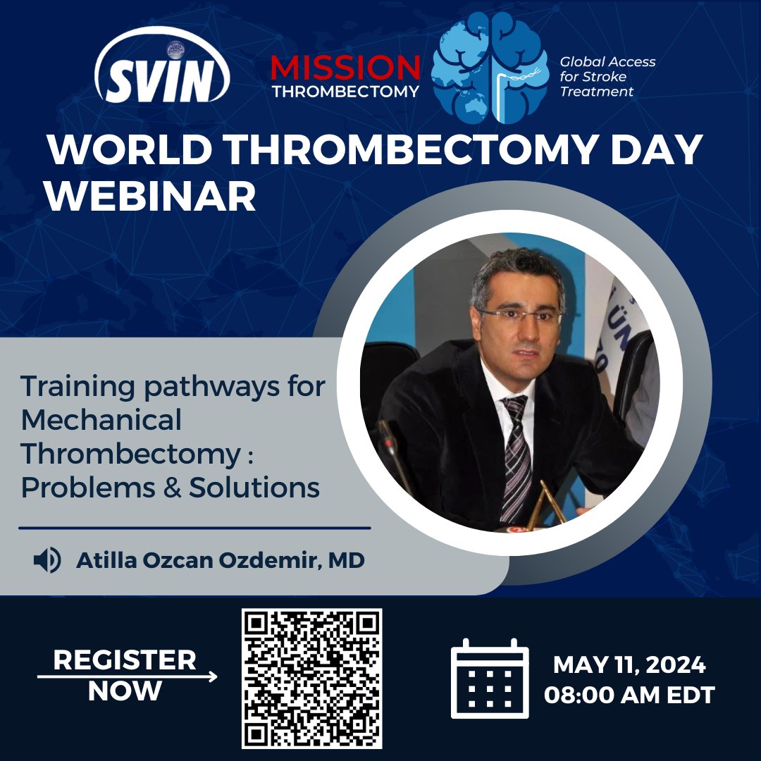 Listen to Dr Atilla Özcan Özdemir from Turkey as he discusses Mechanical Thrombectomy training pathways and Turkey's success story in this #WorldThrombectomyDay webinar on May 11th at 8 AM EDT Don't miss out, register now: shorturl.at/oswXY #SVIN #MissionThrombectomy