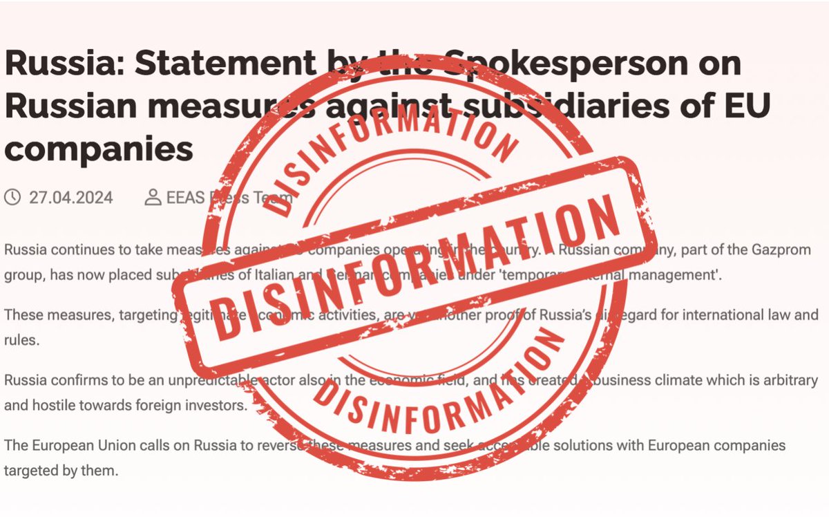 ⚠️The European Union keeps disinforming the world public by trying to impose narratives about Russia's alleged failure to comply with international law. Lead Spokesperson of the European Commission for Foreign Affairs and Security Policy Peter Stano stated on 27 April 2024:…