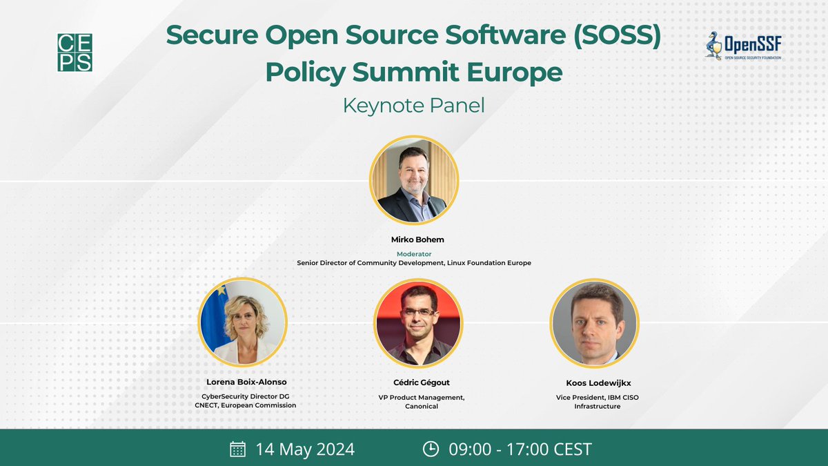 📅 Together with @openssf, we're pleased to co-host the Secure Open Source Software Policy Summit EU 2024, bringing together OSS stakeholders, security experts, and policymakers. Kicking off the event, we will hear from: 📌 @LorenaBoix, @DigitalEU 📌 Cedric Gegout, @Canonical