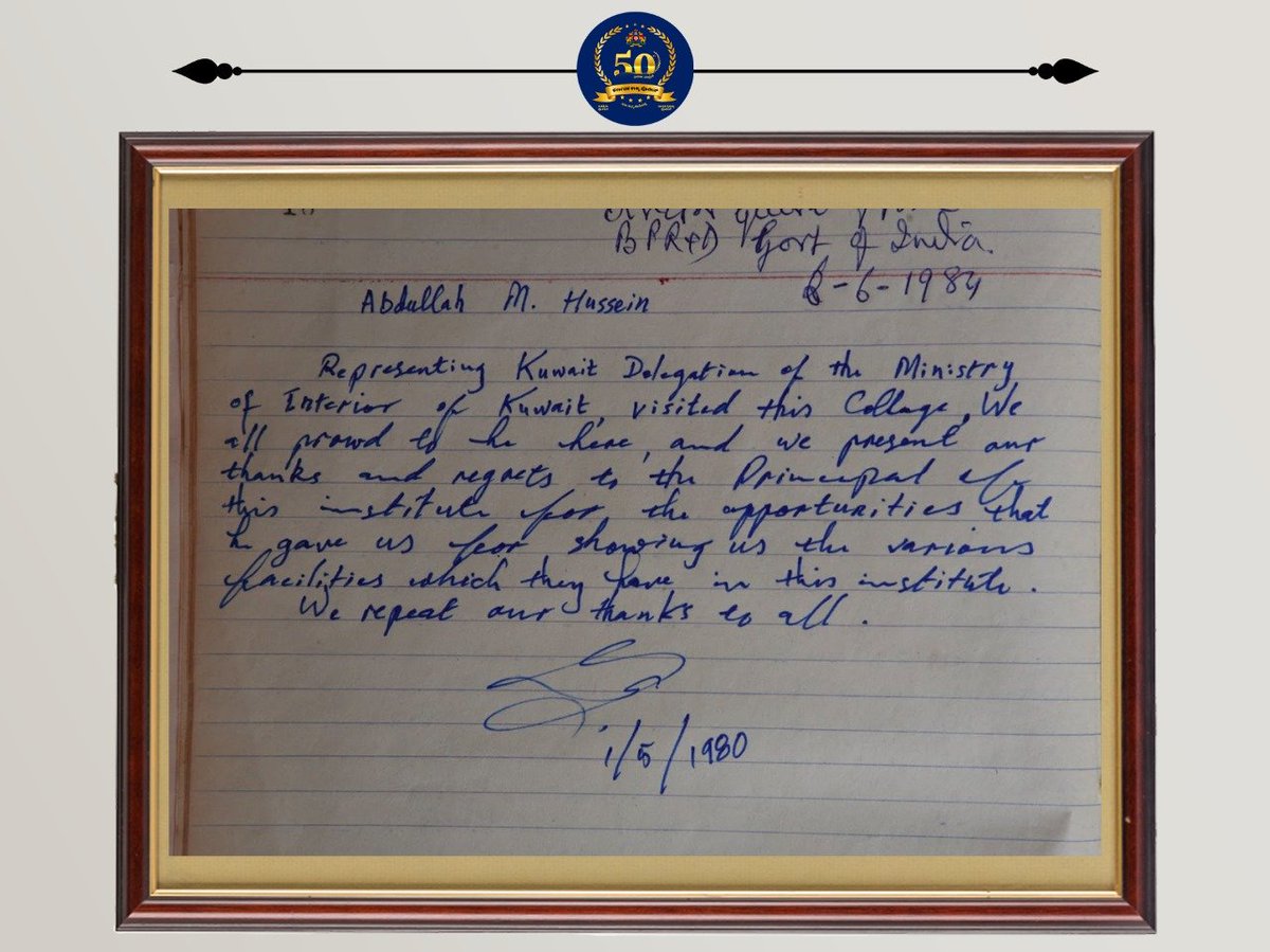 Valuable lines and autograph of the then Interior Minister of the nation of Kuwait @Moi_kuw ,after his visit to our proud Karnataka Police Academy, Mysore in 1980 appreciating the Disciplined system and Hospitality of our Police Academy. #GoldenJubileeOf_KSP #KSP_ಸುವರ್ಣಸಂಭ್ರಮ