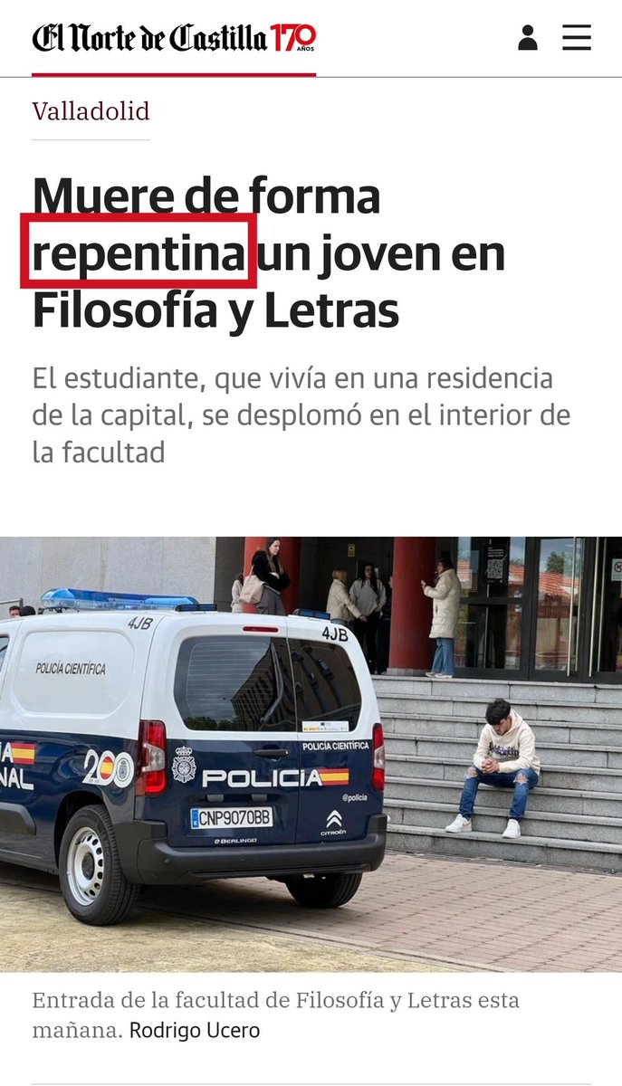 🚨🚨 Nueva #repentinitis universitaria: muere un joven de 21 años en la facultad de Filosofía y Letras de Valladolid‼️

💔 Falleció súbitamente tras desplomarse en la facultad

Ahora nos fijamos más 🤔

💉 Seguro que las vacunas no han tenido nada que ver

DEP

Gracias @cmasr1990