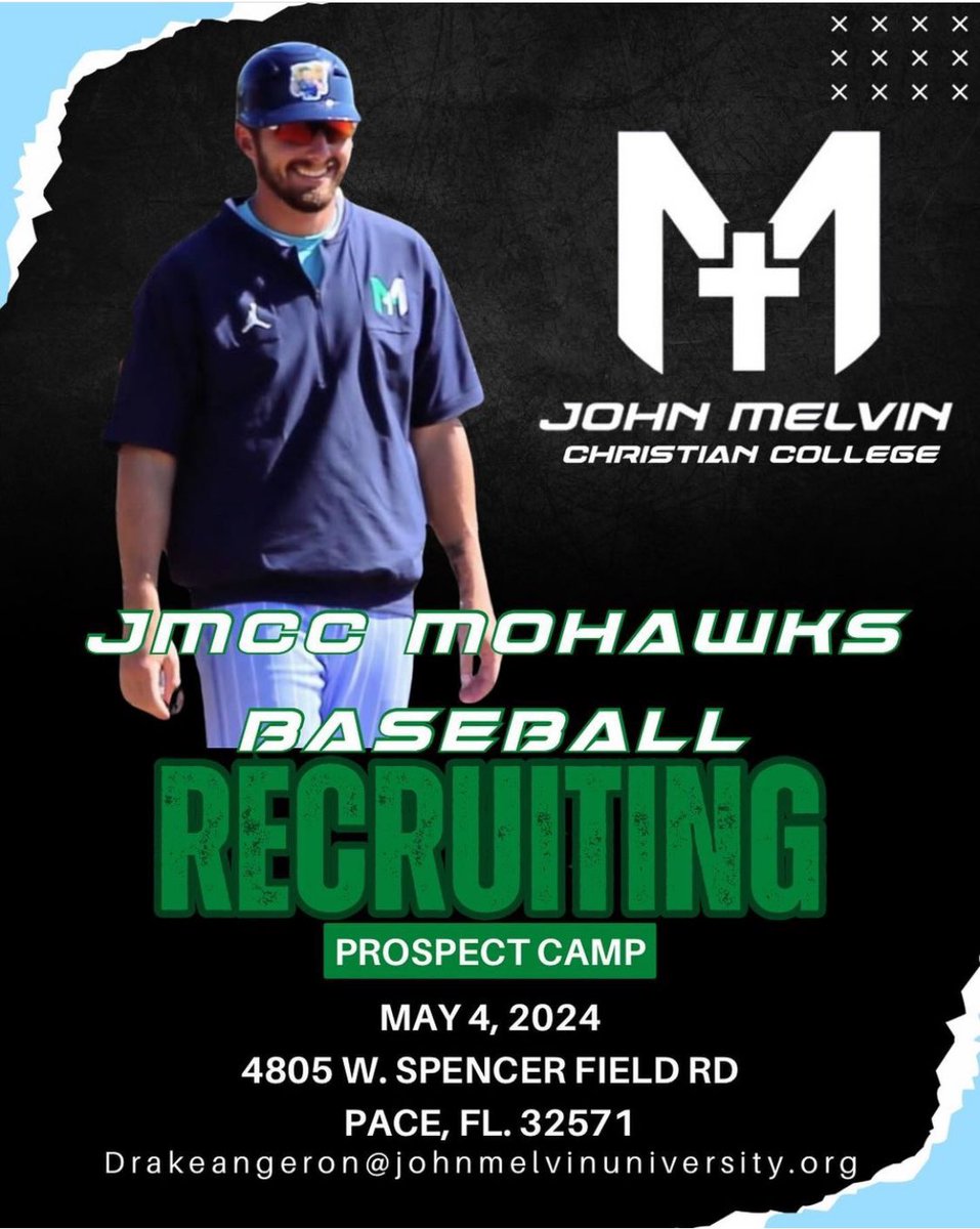 College Baseball Prospect Camp for University affiliates:
🟢 @john_melvin_university 
🔵 @jmcc_mohawks 
-
May 4th in Pace, Florida. Register at jmchristiancollege.com/camps-events
