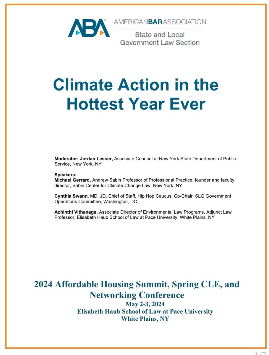 Looking forward to joining <a href="/MichaelGerrard/">Michael Gerrard</a>, <a href="/CynthiaASwann/">Dr. Cynthia Swann</a> &amp; @jordan_lesser tomorrow for this panel "Climate Action in the Hottest Year Ever" hosted at <a href="/HaubLawatPace/">Elisabeth Haub School of Law at Pace University</a>! Thanks to the State and Local Govt Law Section for the invite!  <a href="/LandUseLC/">Land Use Law Center</a> <a href="/HaubEnviroLaw/">Pace | Haub Environmental Law</a>