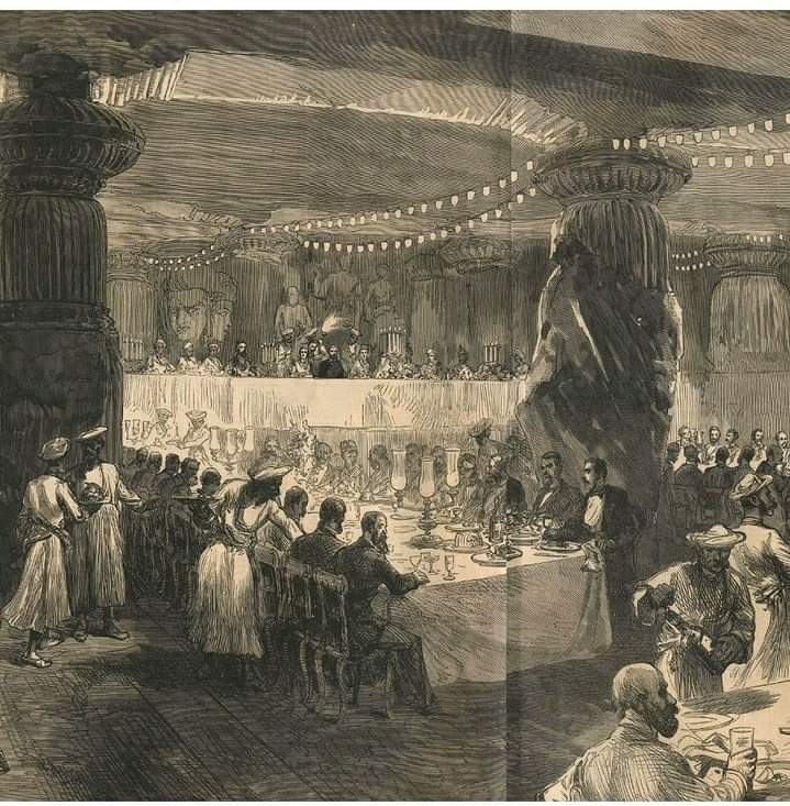 The main cave area of Elephanta Cave (Gharapuri Cave), near Mumbai in 1875, when a special dinner was organized here in honour of the visiting Prince of Wales.