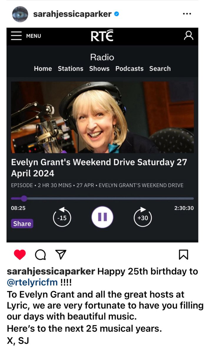 A gorgeous message from @SJP wishing us a happy birthday! 🥰💜🎶 @rte