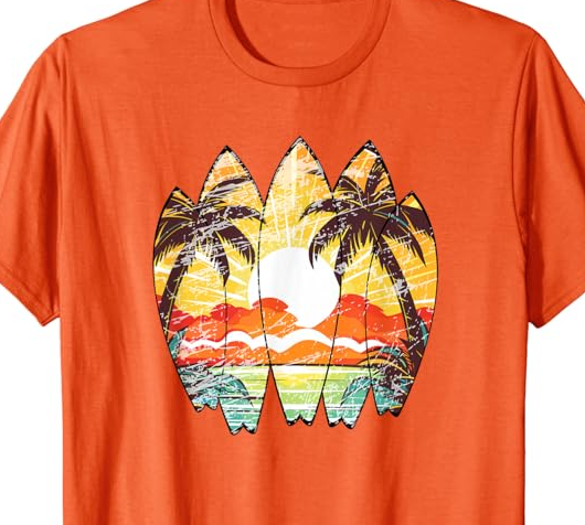 Tropical Sunset Surfboards #Surfing #Beach, big waves, surfers, retro sunset, palm trees, surfing design. Shirts cases more  amzn.to/3UIb2MU  via @amazon #AmazonAffiliate