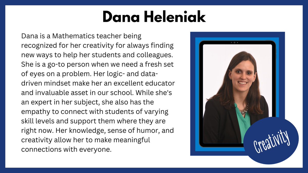 Hats off to Dana, our Cyber Champion in Mathematics.

Dana's creative approach and problem-solving skills make her a valuable resource for students and colleagues at #21CCCS. Known for her logical and data-driven mindset, she delivers top-notch education.