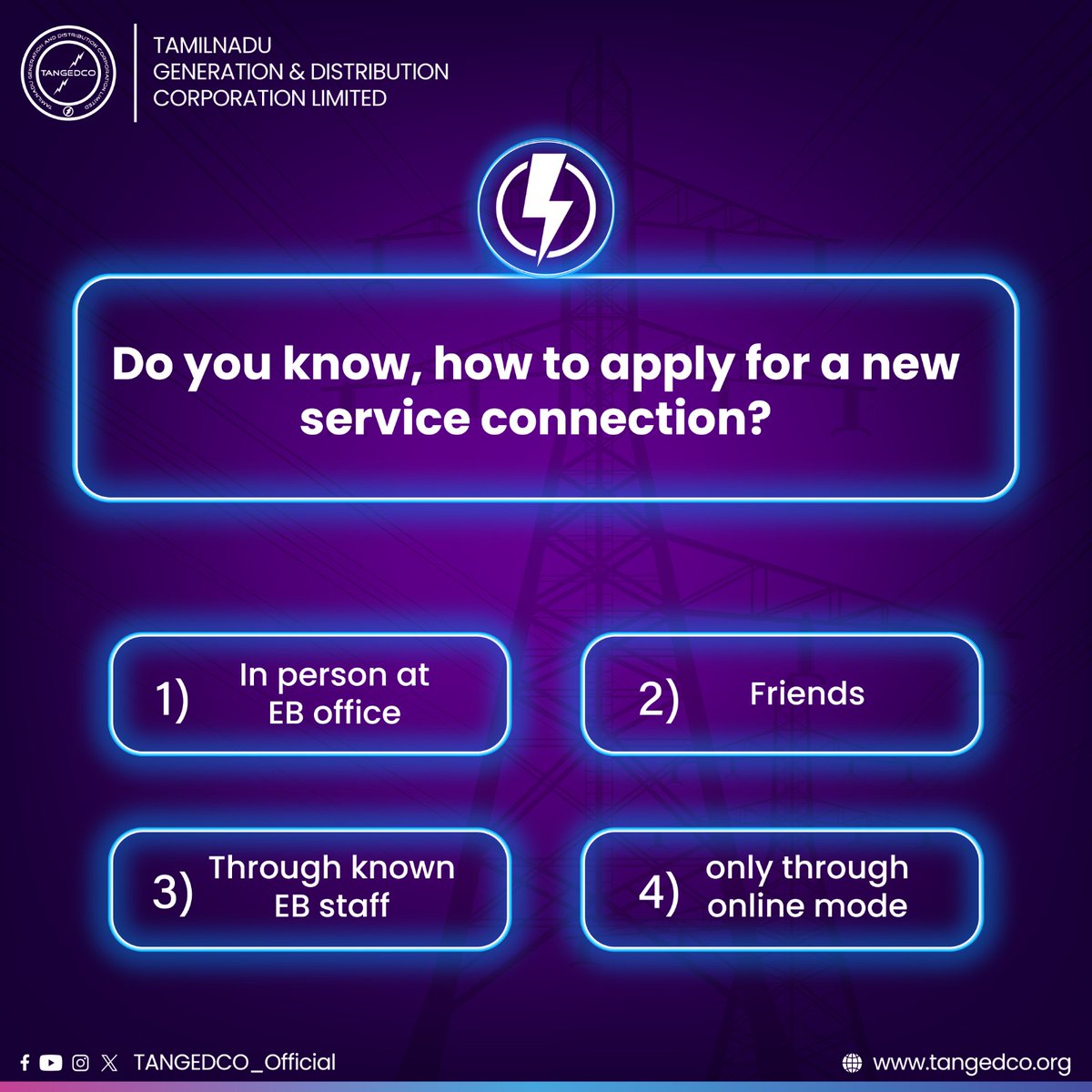Do you know, how to apply for new service connection at TANGEDCO? Comment your answer below! #DigitalTransparency | #TANGEDCO | #tneb @TNDIPRNEWS | @CMOTamilnadu | @TThenarasu