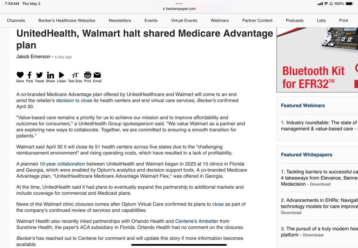 Very rare that 2 behemoths @UHC & @Walmart fail at anything & here they failed at launching #MedicareAdvantage co-branded plans. The failure of Walmart clinics has perhaps many lessons, but this is an add’l blow to be sure. @UHC is the largest Advantage sponsor in the US, so yet…