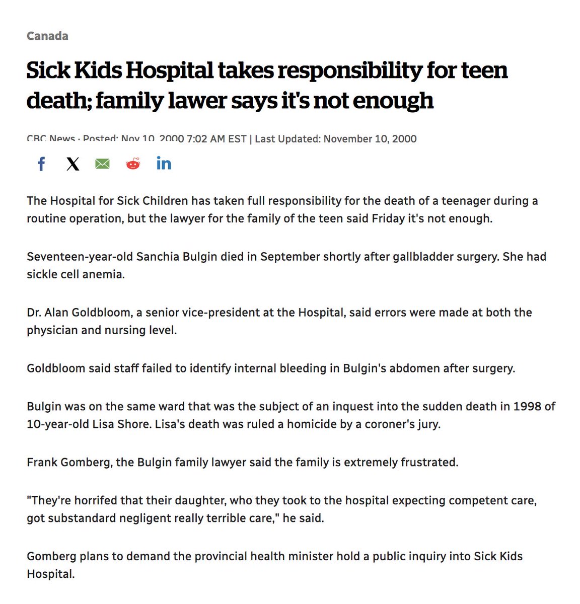 Lisa's death was followed closely and on the same hospital ward as that of teenager Sanchia Bulgin, a death which was not a simple a surgical 'mishap.'  Huge back story on this one: cbc.ca/news/canada/si… 2/4