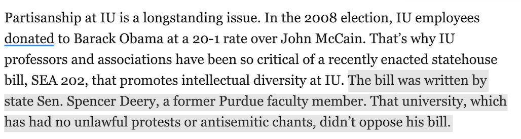 A lot going on in @RepJimBanks' op-ed in @indystar about saving IU President Pam Whitten during ongoing demonstrations, vote of no confidence, etc., in Bloomington. But this part is not, let's say, very nuanced about SB202 or Purdue (or the person who carried the bill).