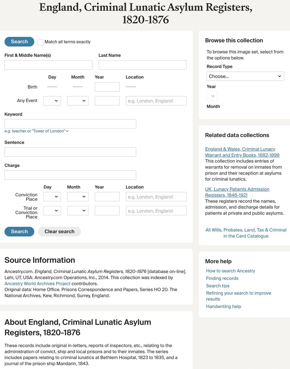 Ancestry, I do wish the title would reflect the contents! It's misleading for as far as I can see, the only records in this collection that relate to criminal lunatics are the Bethlem Hospital Registers 1823-1835. @Ancestry @Dave_Lifelines #familyhistory #genealogy